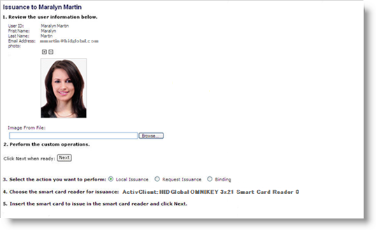 Issuance dialog box for Maralyn Martin displaying user info as well as a photo in step 1, with Local Issuance selected in step 3 and a card reader selected in step 4